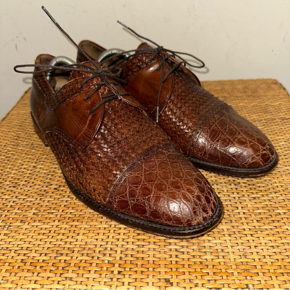 Vintage Mezlan Salinas Men’s 10.5M Brown Crocodile Cap Toe Woven Calfskin Shoes